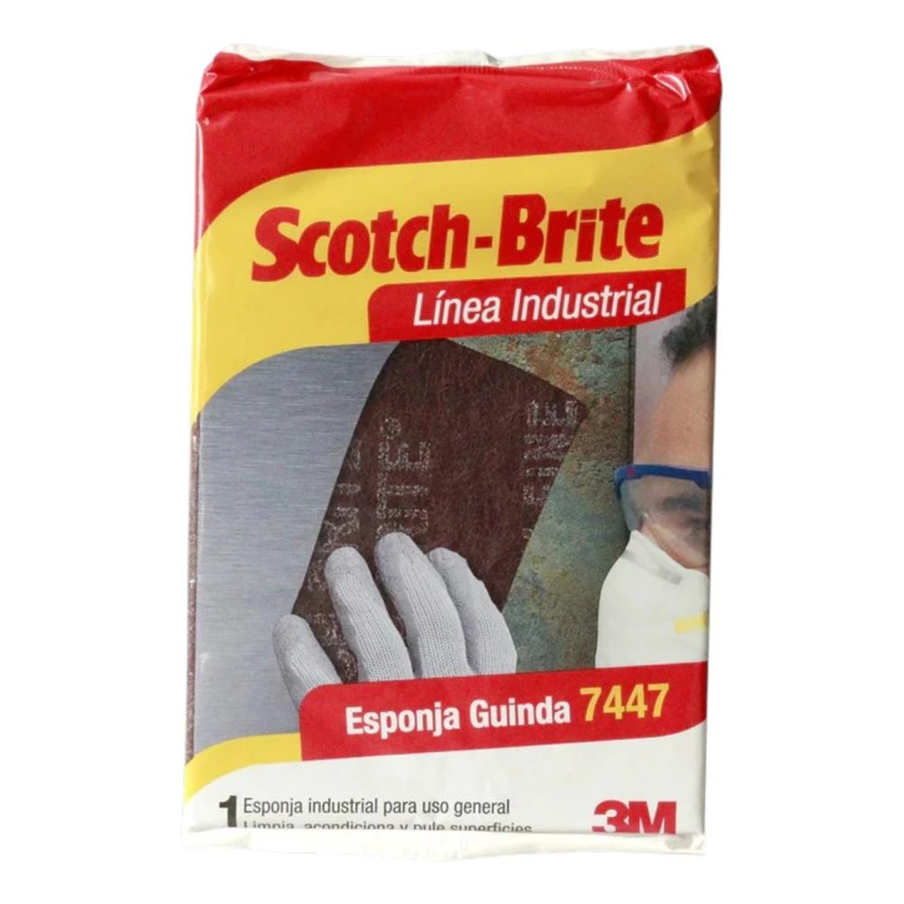 Esponja Scotch-Brite guinda 7447 de 3M, línea industrial, en su empaque de una unidad de 16 × 23 cm