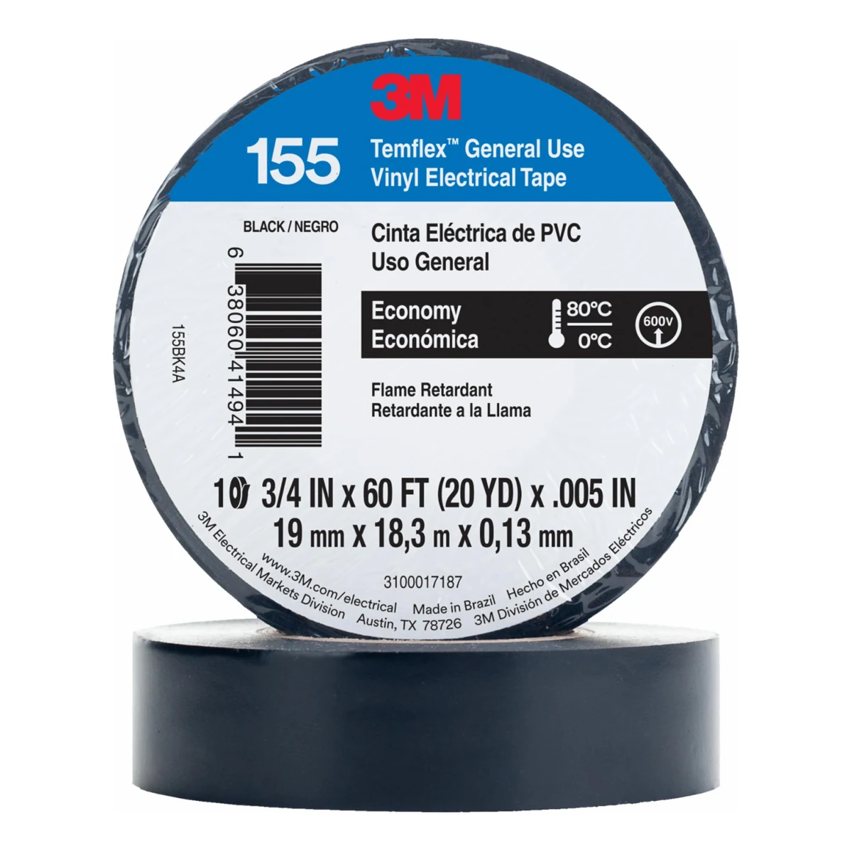 3M TEMFLEX 155 CINTA AISLANTE DE VINIL NEGRA 600 V | UU009442573 | 3/4" X 18 M