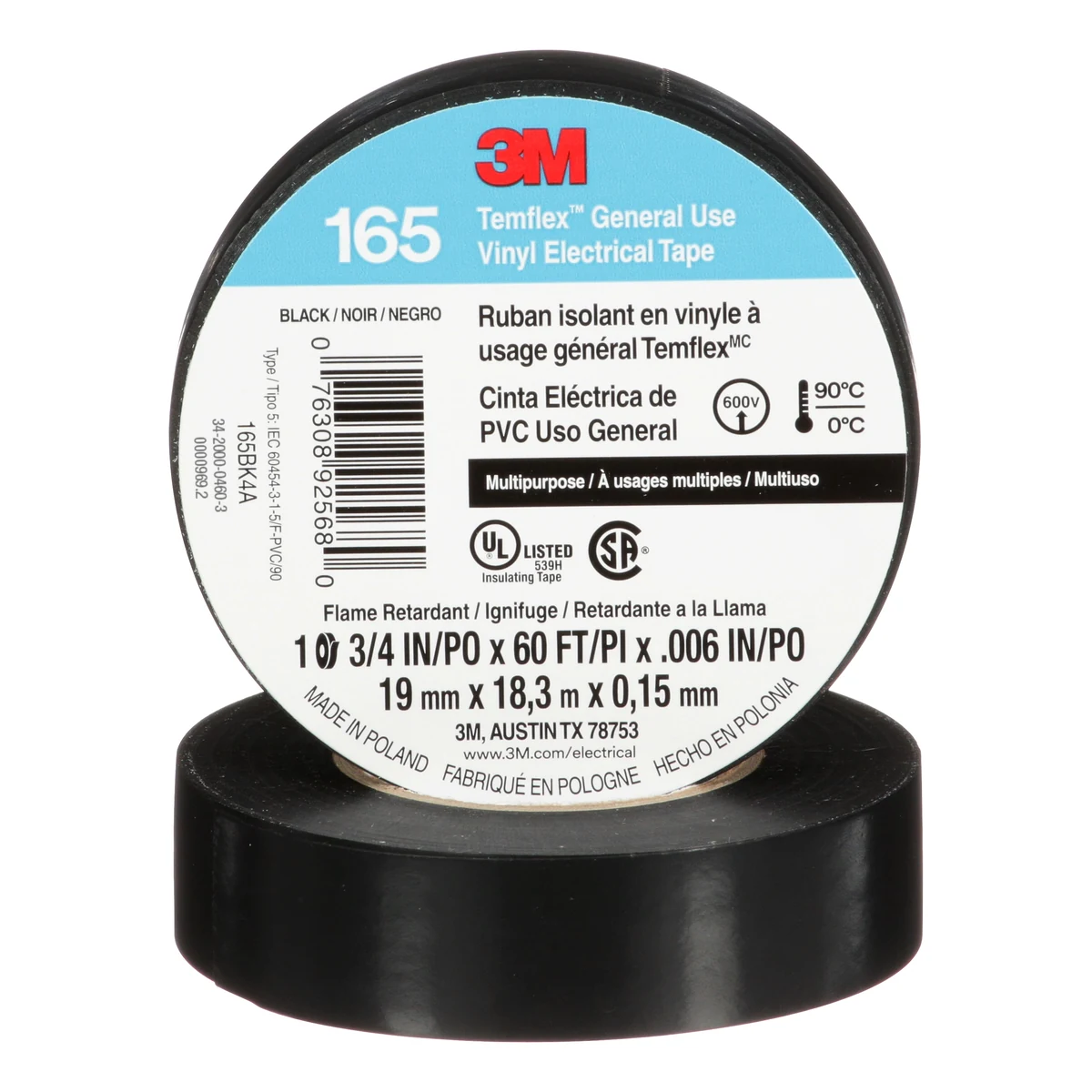3M TEMFLEX 165 CINTA AISLANTE DE VINIL NEGRA 600 V | 7100169254 | 3/4" X 18 M