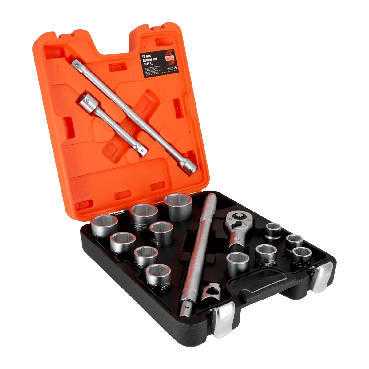 Juego de dados Bahco SLX17 de 3/4" en milímetros, abierto en su maletín naranja y negro