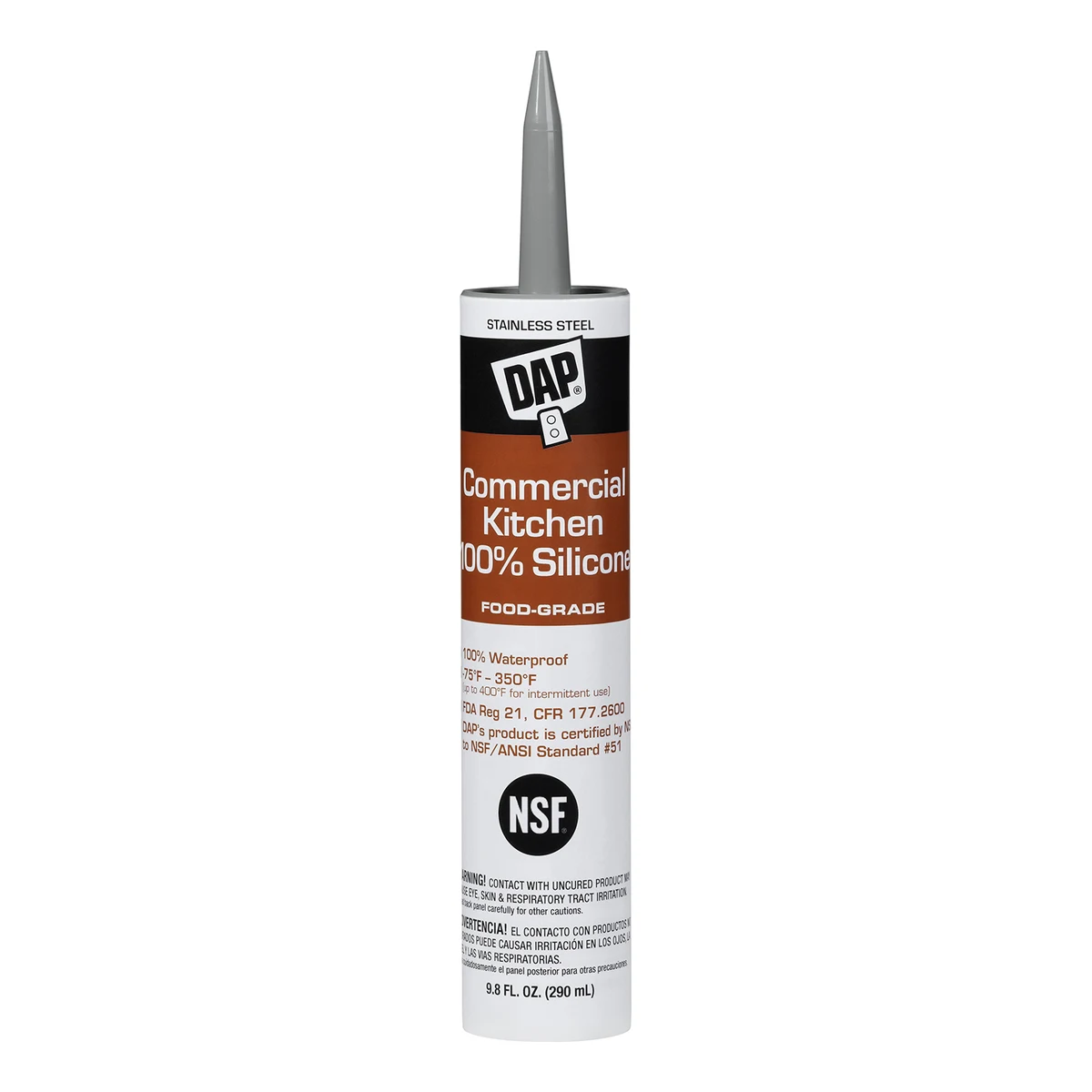 DAP COMMERCIAL KITCHEN SILICONA 100 % PARA COCINAS COMERCIALES ACERO INOXIDABLE | 08660 | 9.8 OZ Cartucho de 9.8 oz de DAP Commercial Kitchen 100% Silicone color acero inoxidable, sellador grado alimenticio