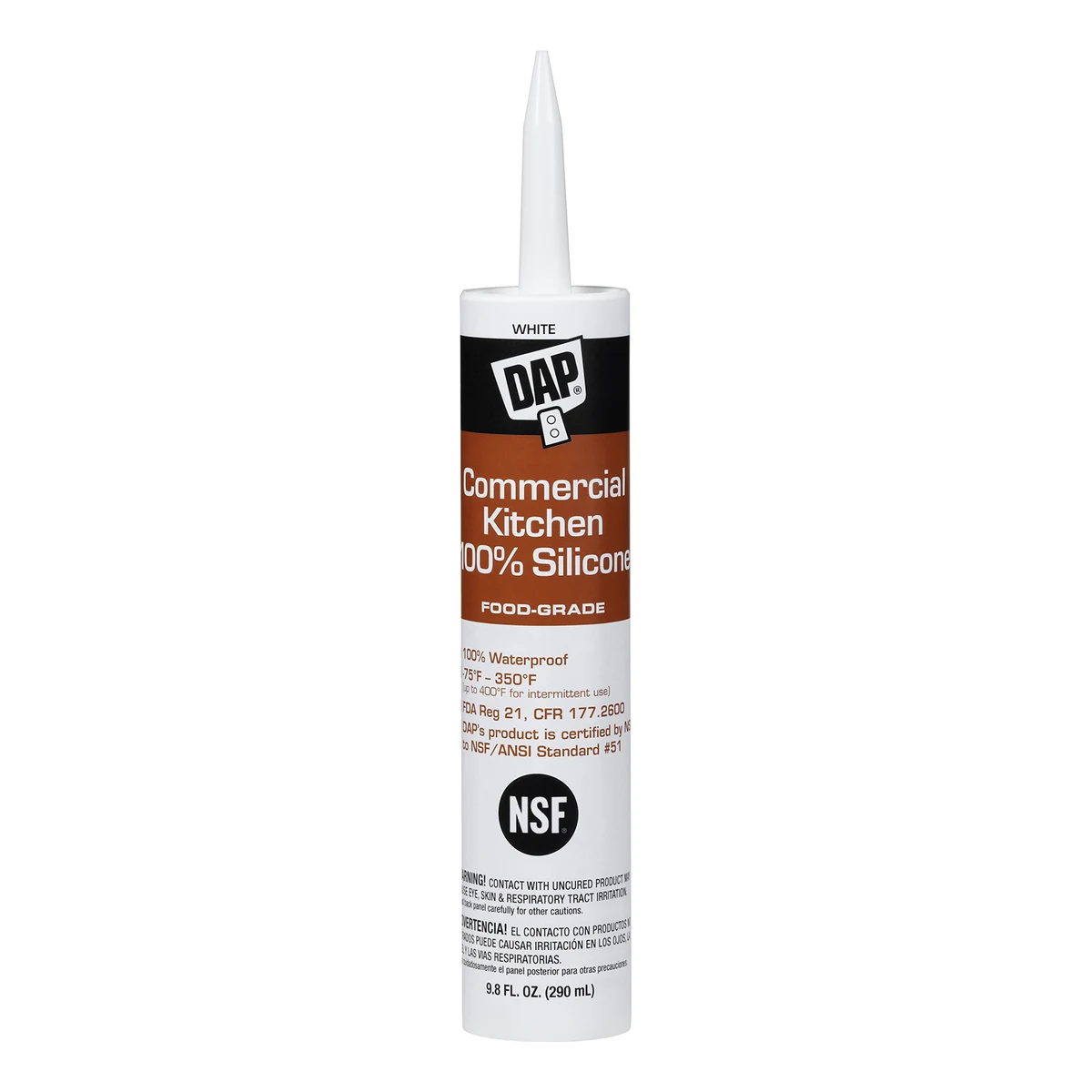 Cartucho de 9.8 oz de DAP Commercial Kitchen 100% Silicone blanco, sellador grado alimenticio