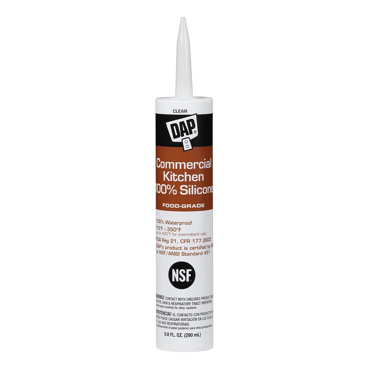 DAP COMMERCIAL KITCHEN SILICONA 100 % PARA COCINAS COMERCIALES TRANSPARENTE | 08658 | 9.8 OZ Cartucho de 9.8 oz de DAP Commercial Kitchen 100% Silicone transparente, sellador grado alimenticio