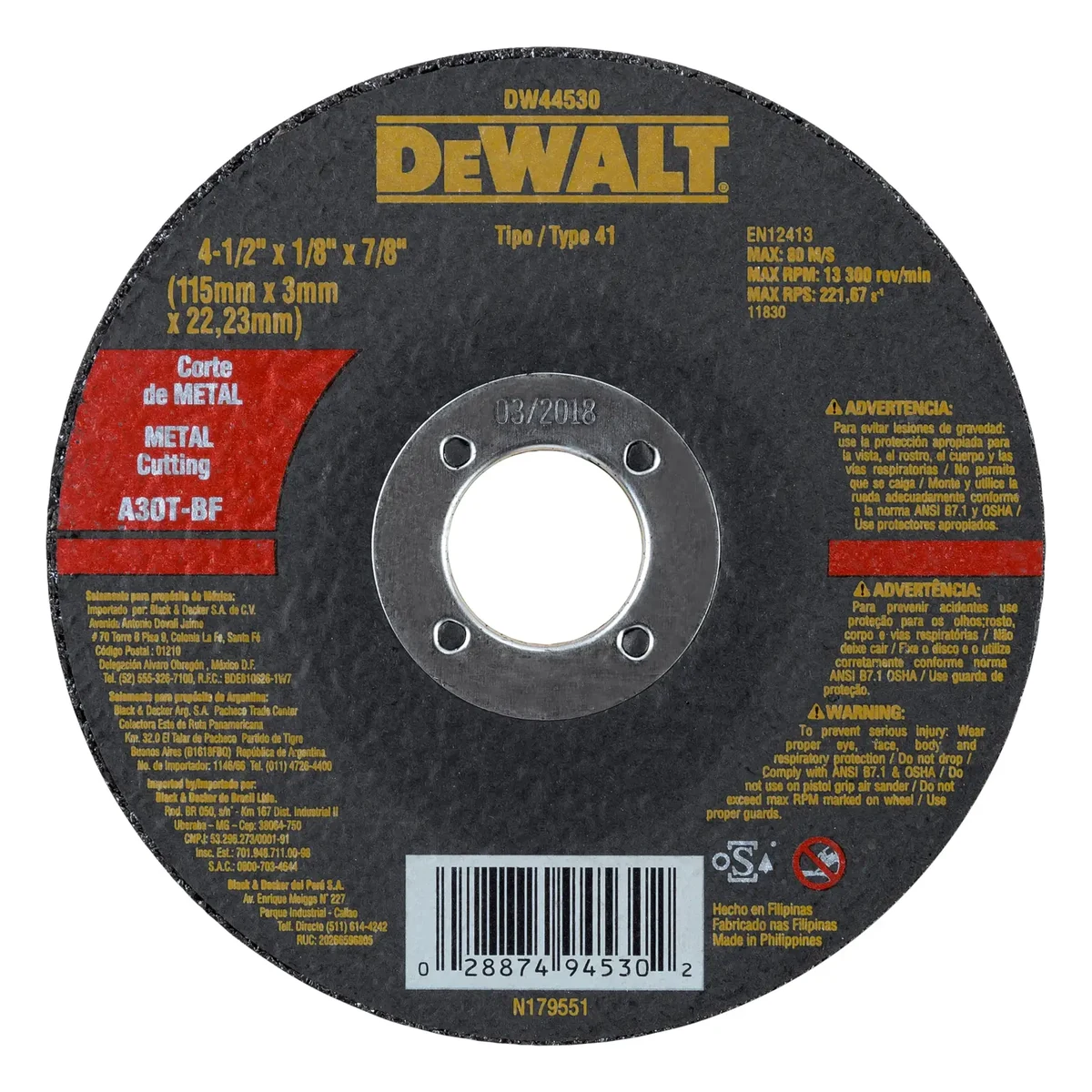 DEWALT DISCO DE CORTE PARA METAL 4 1/2" X 1/8" X 7/8" | DW44530 | CAJA DE 50 DISCOS