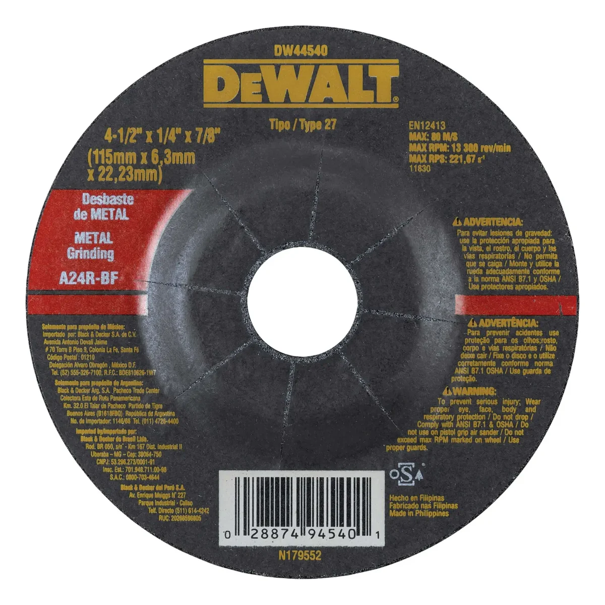 DEWALT DISCO DE DESBASTE PARA METAL 4 1/2" X 1/4" X 7/8" | DW44540 | CAJA DE 25 DISCOS
