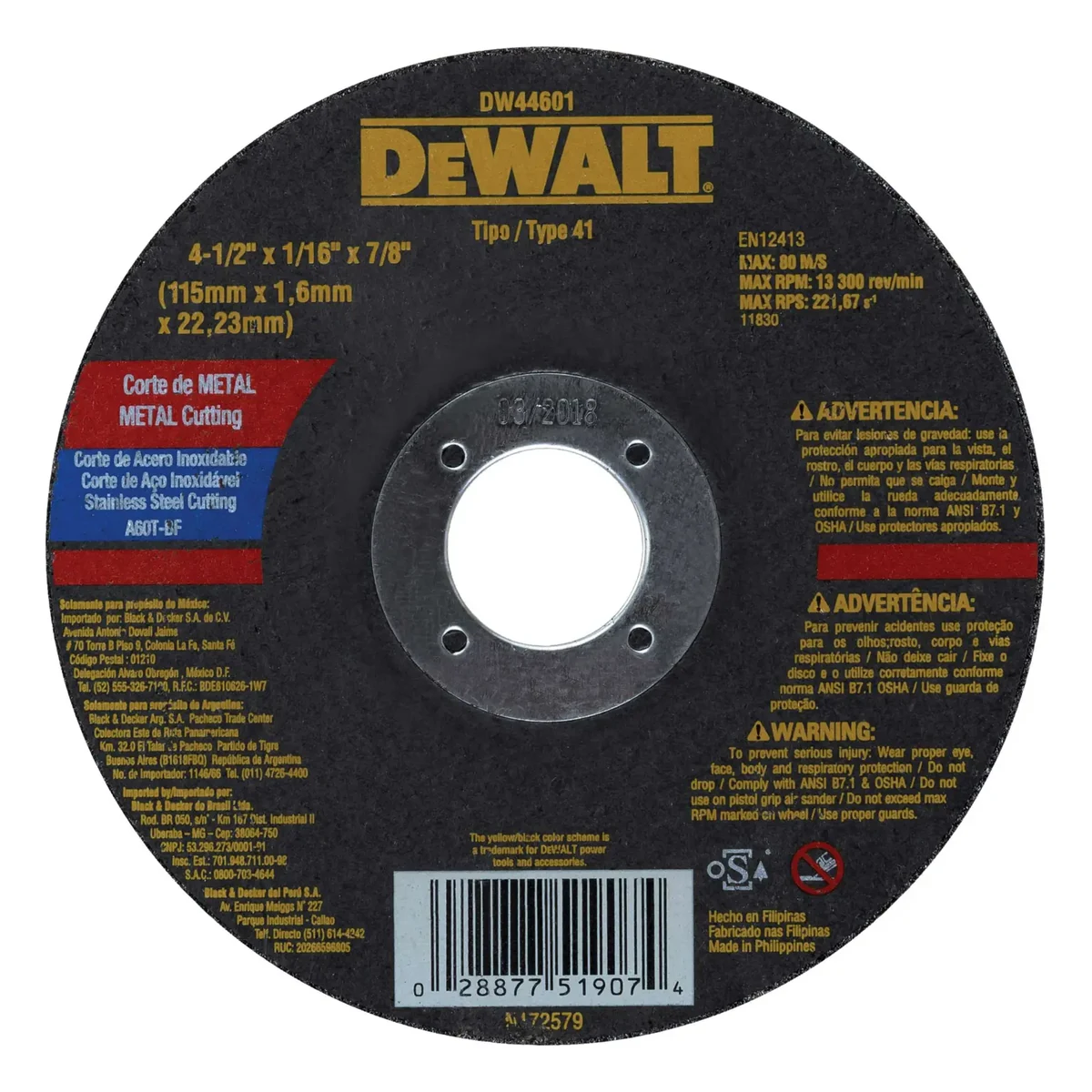 DEWALT DISCO DE CORTE PARA METAL E INOX 4 1/2" X 1/16" X 7/8" | DW44601 | CAJA DE 25 DISCOS