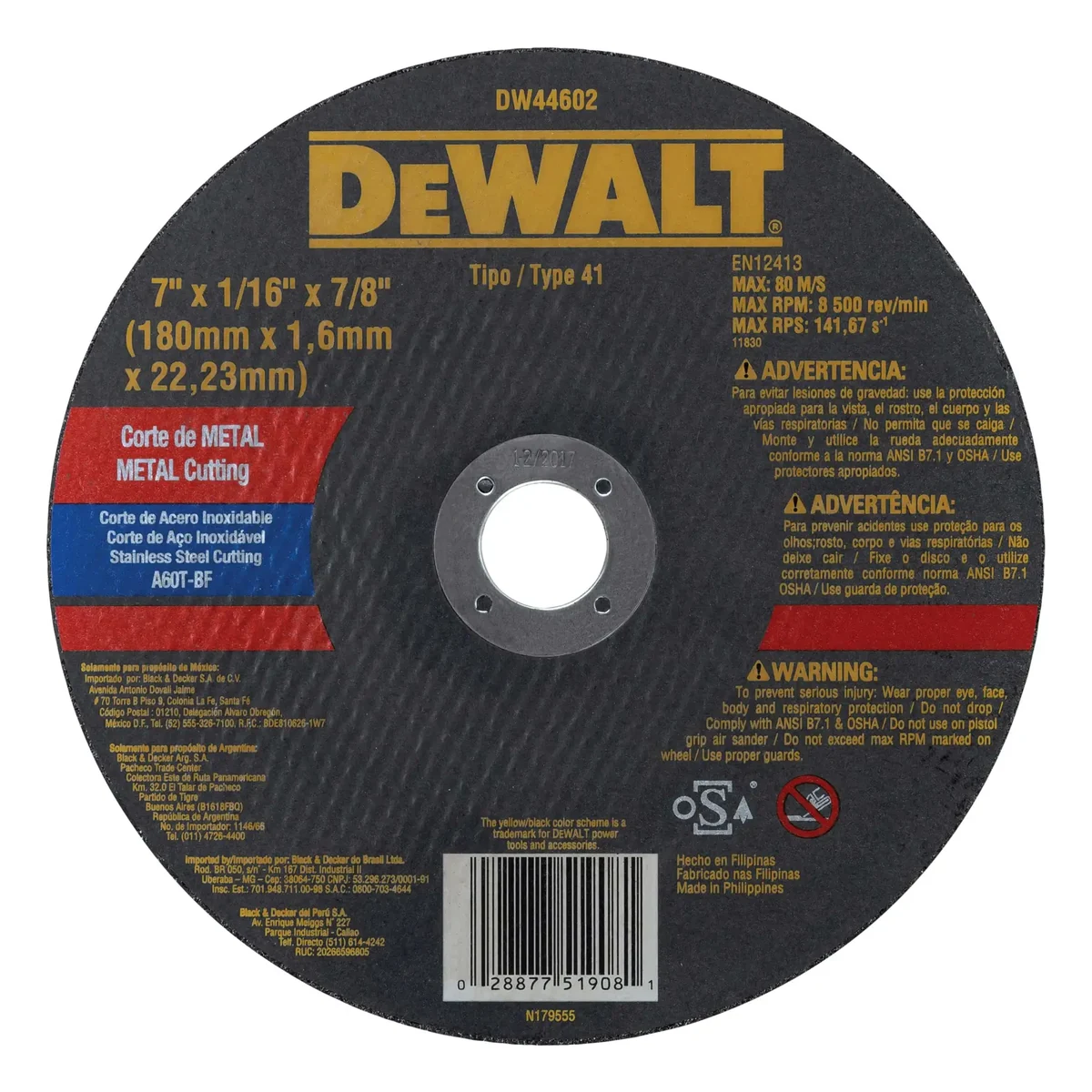 DEWALT DISCO DE CORTE PARA METAL E INOX 7" X 1/16" X 7/8" | DW44602 | CAJA DE 20 DISCOS