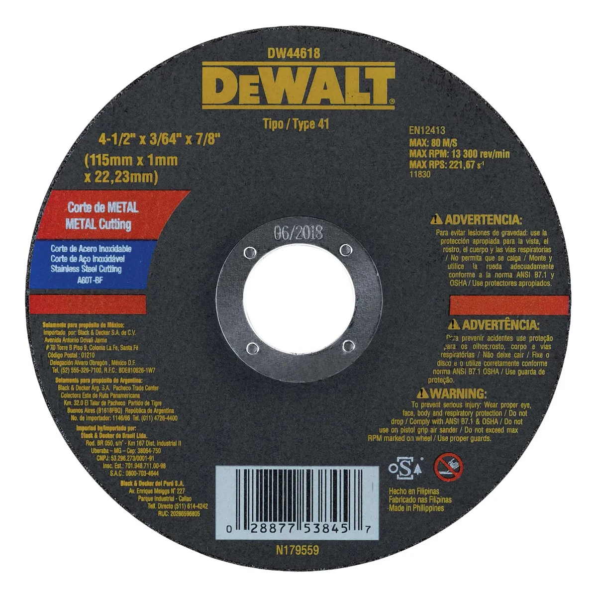DEWALT DISCO DE CORTE PARA METAL E INOX 4 1/2" X 3/64" X 7/8" | DW44618 | CAJA DE 25 DISCOS