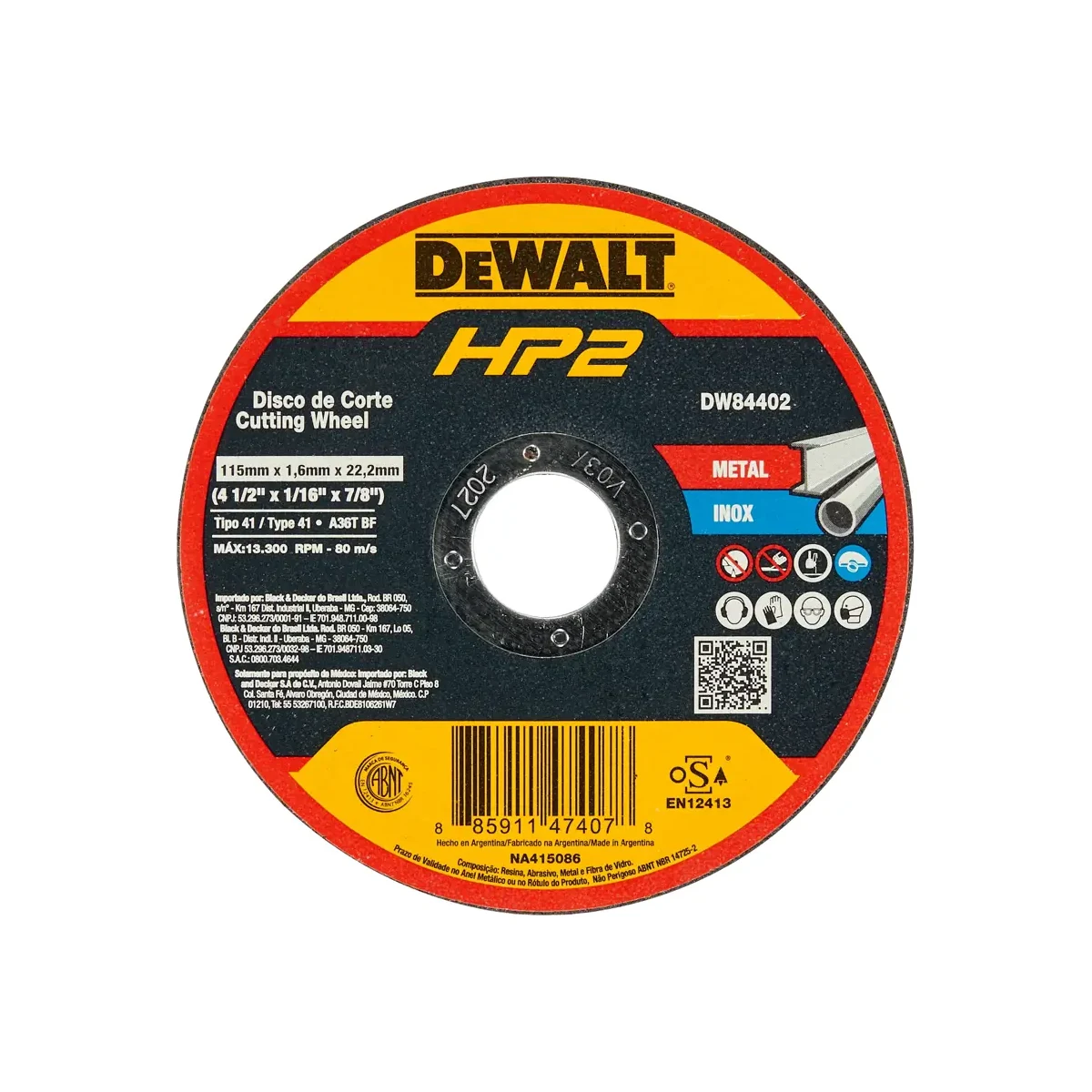 DEWALT HP2 DISCO DE CORTE PARA METAL E INOX 4 1/2" X 1/16" X 7/8" | DW84402 | CAJA DE 25 DISCOS