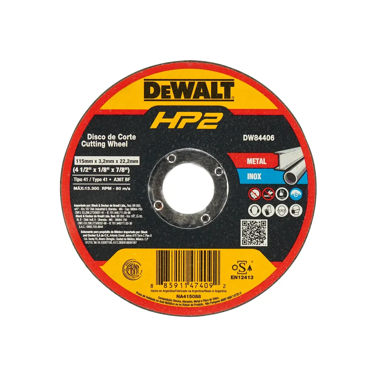 DEWALT HP2 DISCO DE CORTE PARA METAL E INOX 4 1/2" X 1/8" X 7/8" | DW84406 | CAJA DE 50 DISCOS