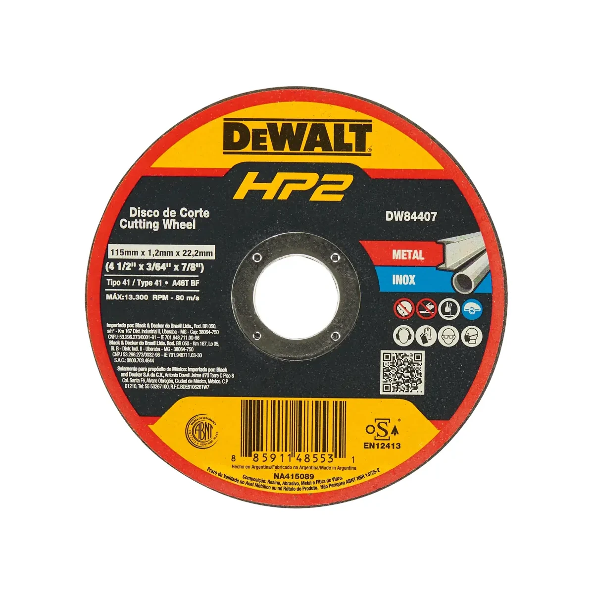 DEWALT HP2 DISCO DE CORTE PARA METAL E INOX 4 1/2" X 3/64" X 7/8" | DW84407 | CAJA DE 25 DISCOS