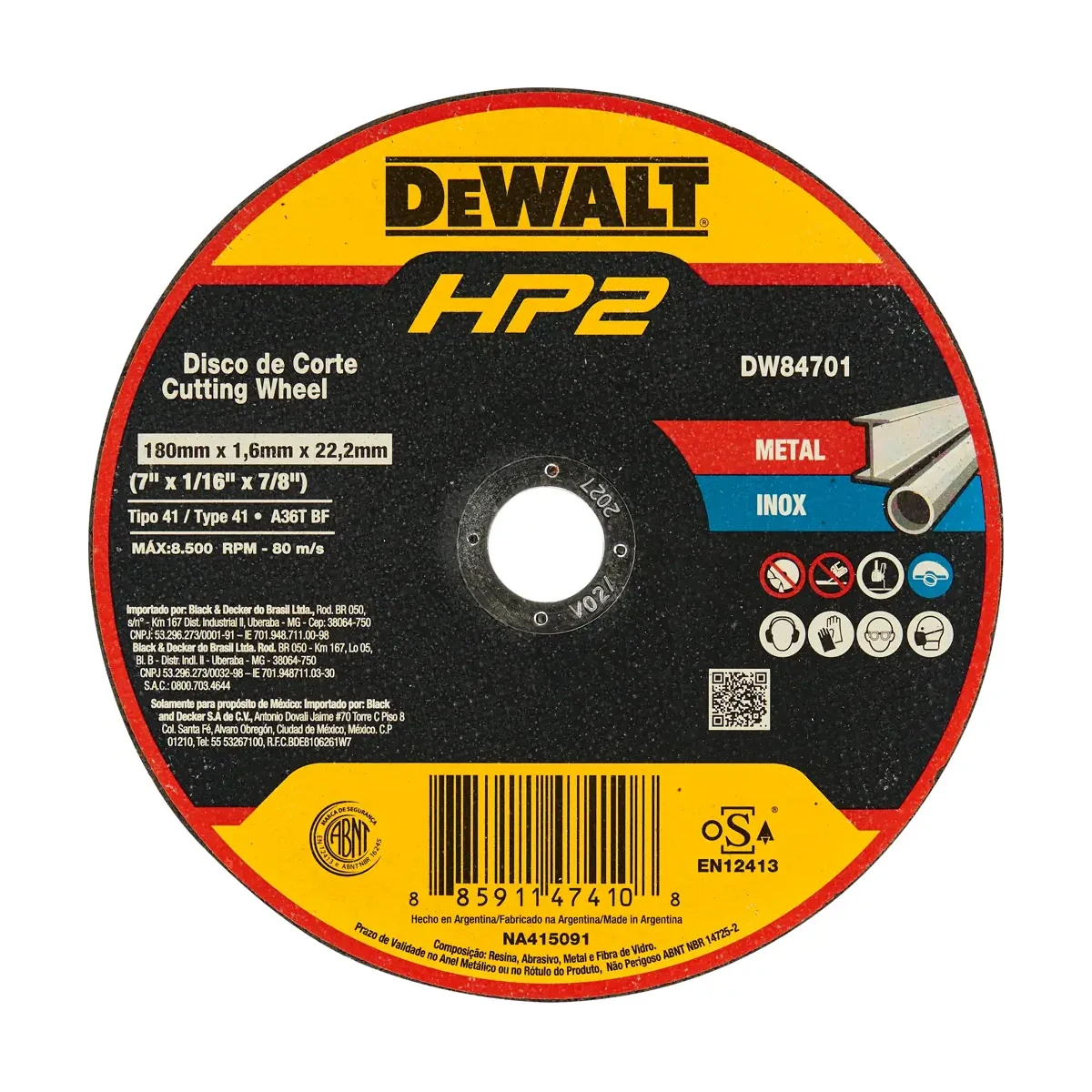 DEWALT HP2 DISCO DE CORTE PARA METAL E INOX 7" X 1/16" X 7/8" | DW84701 | CAJA DE 25 DISCOS