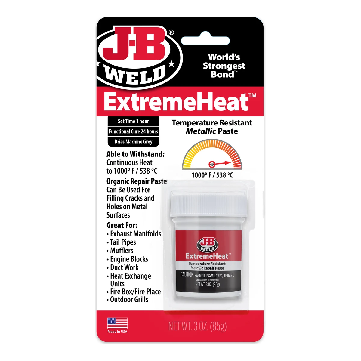 Blíster de J-B Weld ExtremeHeat 37901 con frasco de 3 oz (85 g), pasta metálica para alta temperatura