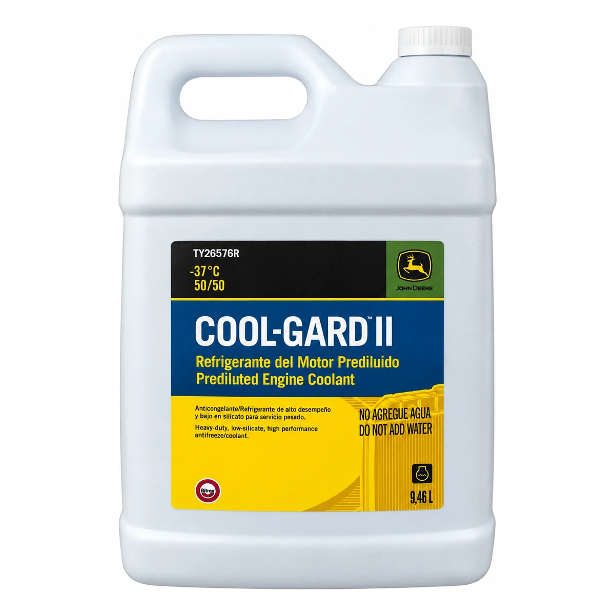 JOHN DEERE COOL-GARD II REFRIGERANTE ANTICONGELANTE PREMEZCLADO 50/50 | TY26576R | 2.5 GAL Bidón de 9.46 L (2.5 gal) de refrigerante John Deere Cool-Gard II premezclado 50/50, TY26576R