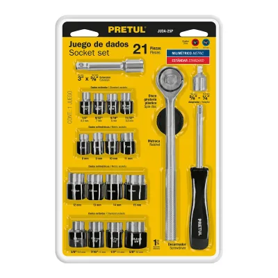 PRETUL JUEGO DE DADOS 1/4" Y 3/8" CON MATRACA | 21162 | 21 PIEZAS