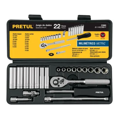 PRETUL JUEGO DE DADOS MILIMÉTRICOS CUADRO 1/4" | 23980 | 22 PIEZAS