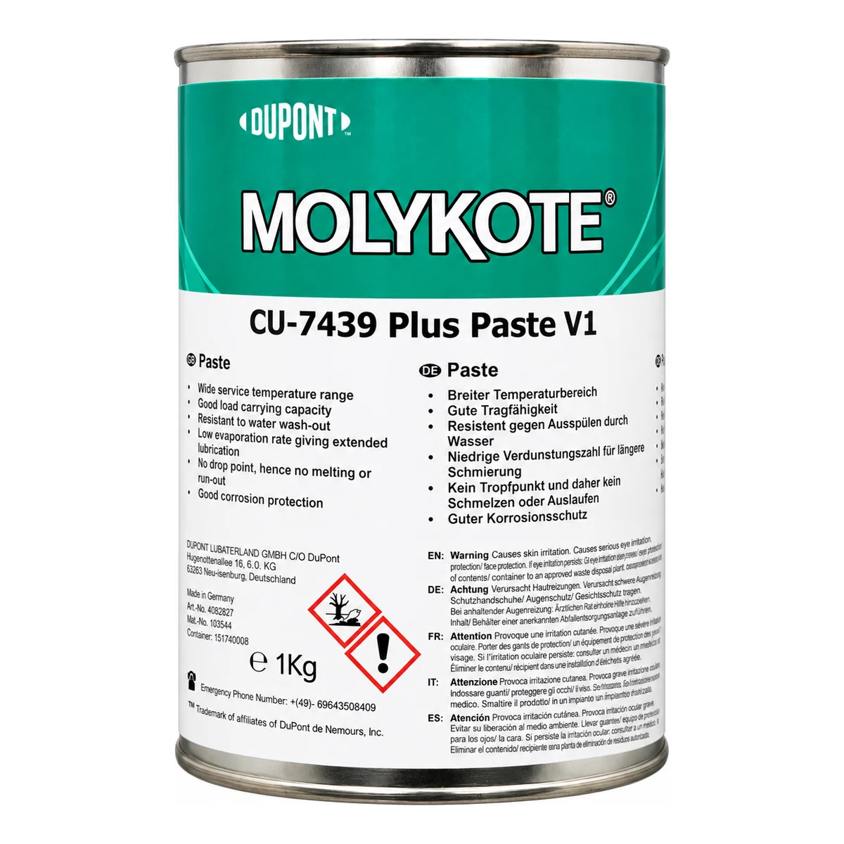 Lata de 1 kg de Molykote CU-7439 Plus, pasta de cobre antiagarrotante