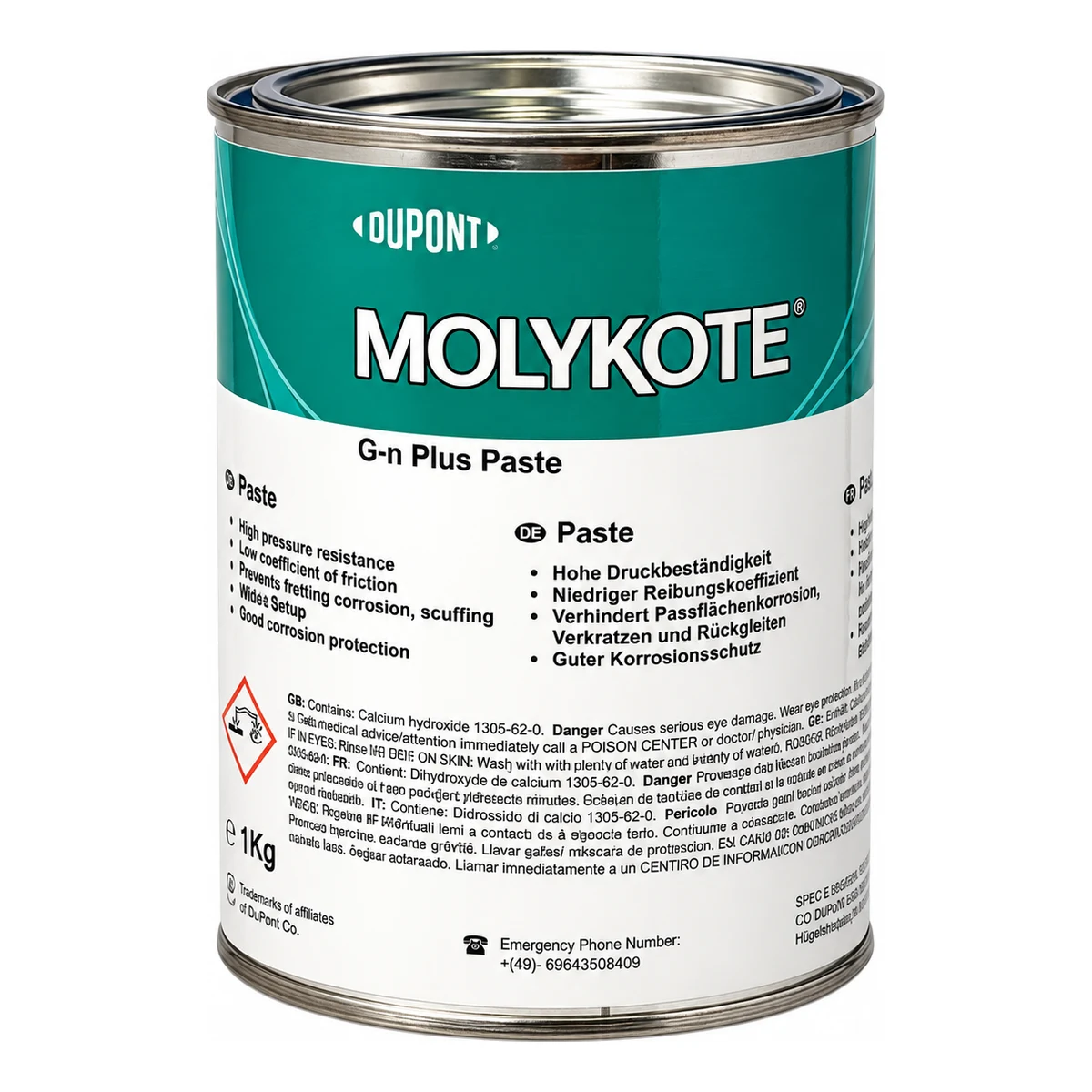 Lata de 1 kg de Molykote G-N Plus, pasta de montaje con MoS₂