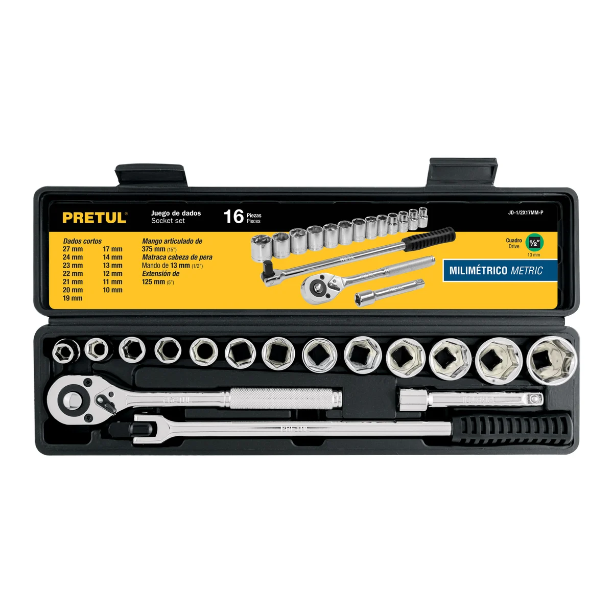 PRETUL JUEGO DE DADOS MILIMÉTRICOS CUADRO 1/2" | 21174 | 16 PIEZAS