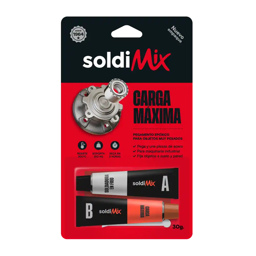 Blíster de Soldimix Carga Máxima SCM de 30 g con sus dos tubos, lado A y lado B