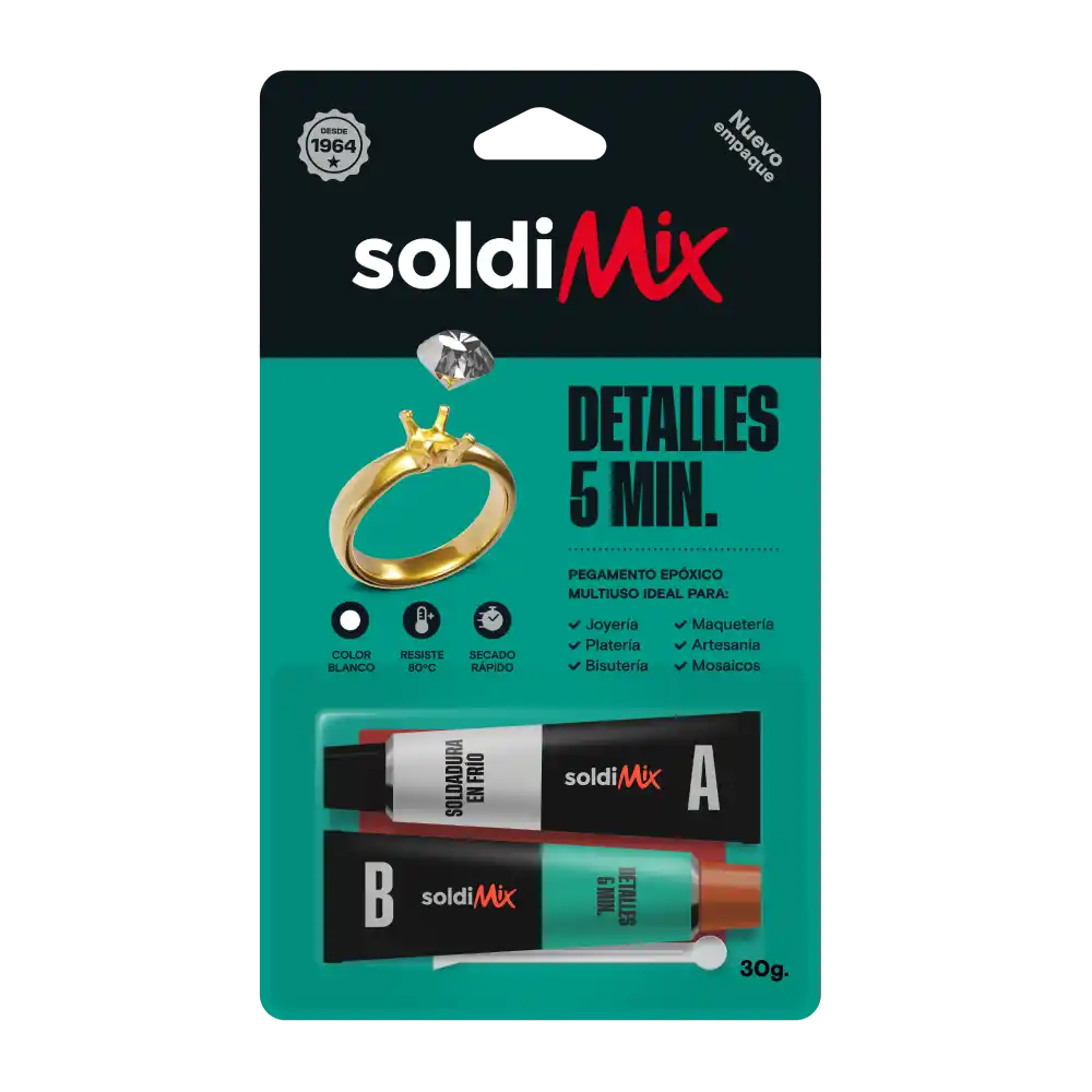 Blíster de Soldimix Detalles 5 min SD5M de 30 g con sus dos tubos, lado A y lado B