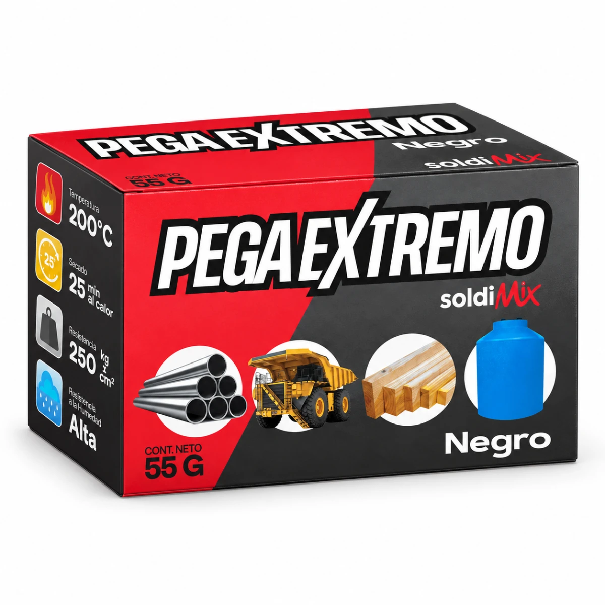 Caja de Soldimix Pega Extremo negro PEB5 de 55 g con sus dos frascos, tablita y espátula