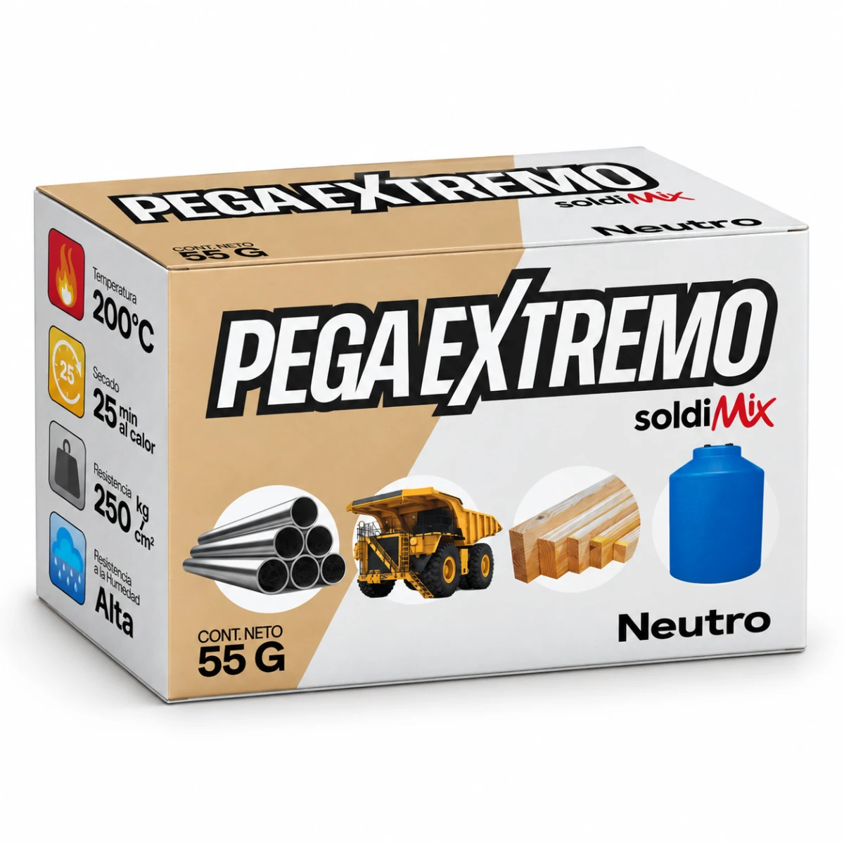 Caja de Soldimix Pega Extremo neutro PEN5 de 55 g con sus dos frascos, tablita y espátula