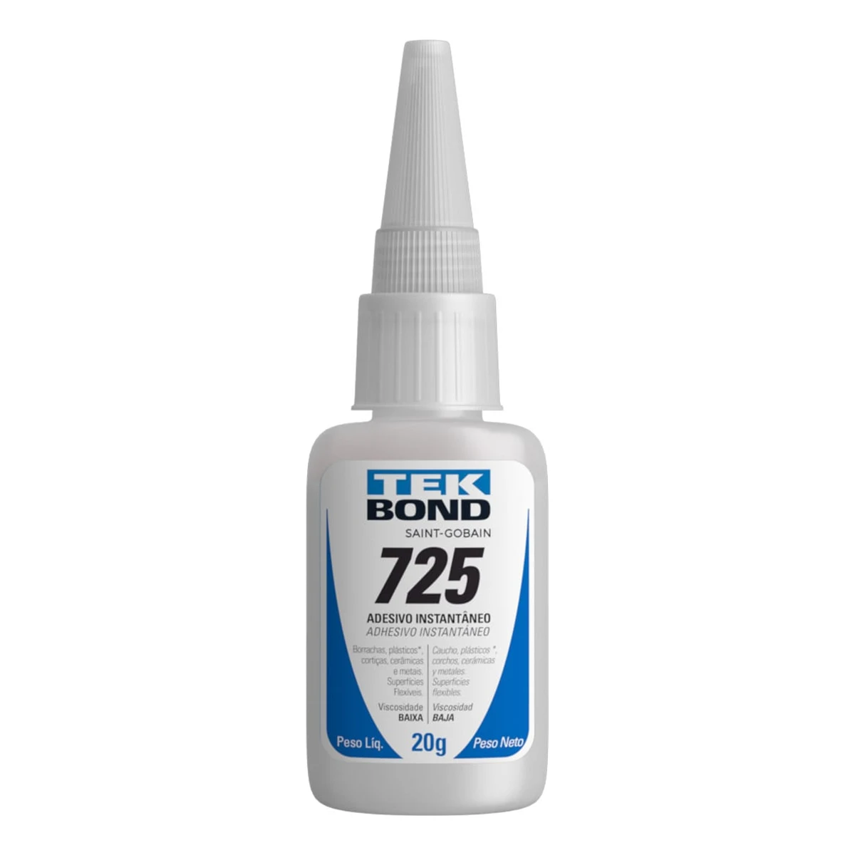 TEKBOND 725 ADHESIVO INSTANTÁNEO DE BAJA VISCOSIDAD | TB72520GR | 20 G Frasco de 20 g de Tekbond 725, adhesivo instantáneo de cianoacrilato de baja viscosidad