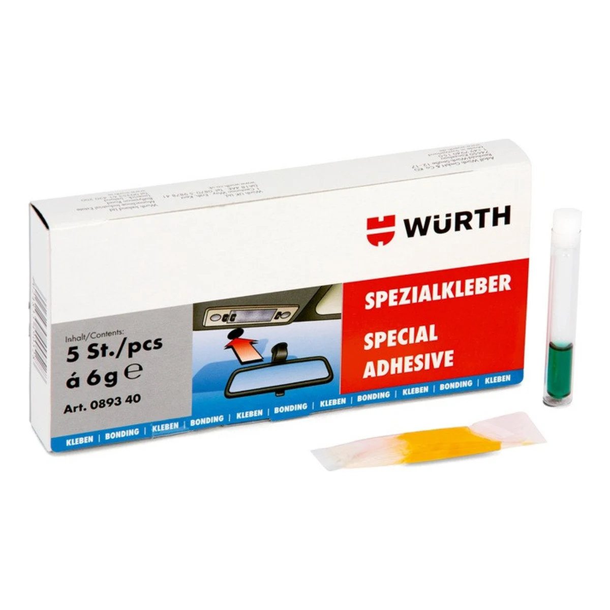 WURTH GMK PEGAMENTO ESPECIAL VIDRIO-METAL 2 COMPONENTES | 10893 40 | 5 DOSIS Caja de 5 dosis de Würth GMK pegamento especial vidrio-metal con ampolla de activador y sobre de adhesivo